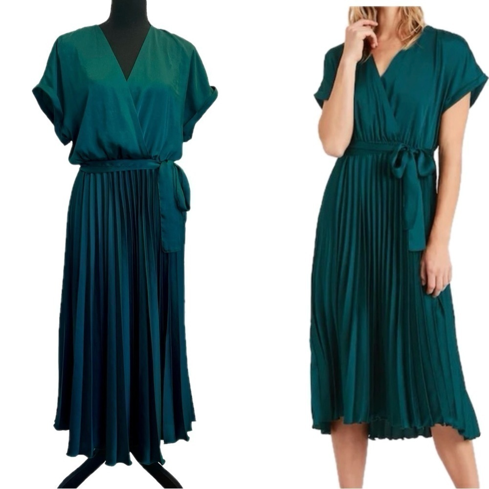 Banana Republic pleated short sleeve V-neck wrap midi dress Glen Green Sz S